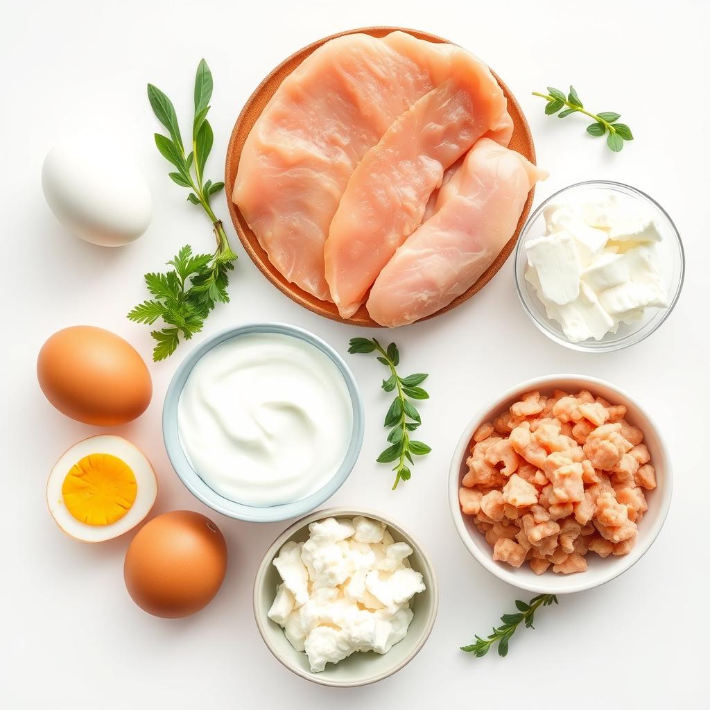 Fontes proteicas naturais para pré-treino como ovos, iogurte e frango