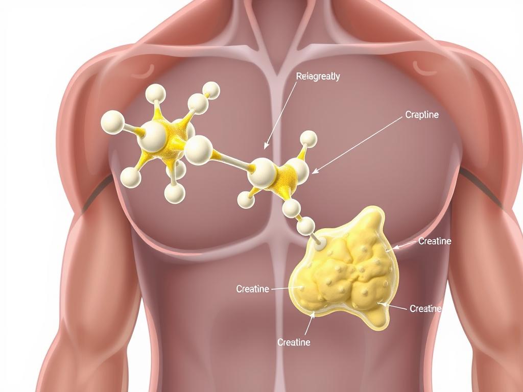 Ilustração mostrando a estrutura molecular da creatina e sua presença nos músculos