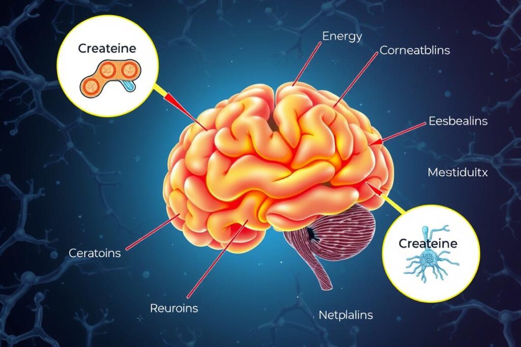 Ilustração mostrando os efeitos da creatina no cérebro e função cognitiva