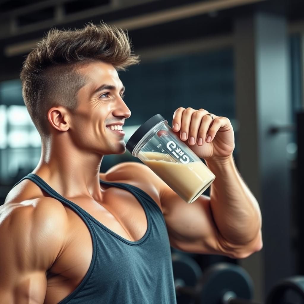 Pessoa musculosa tomando shake de whey protein após treino para ganho de massa entre os melhores whey proteins de 2025