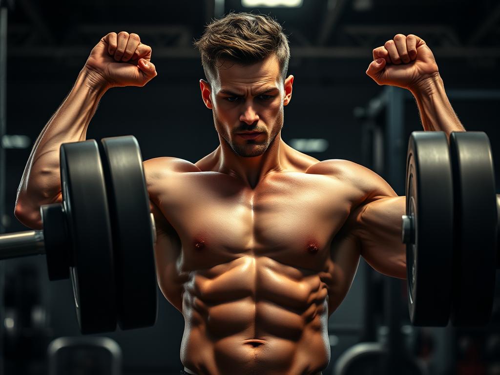 Pessoa musculosa treinando com pesos após tomar pré-treino para ganho de massa