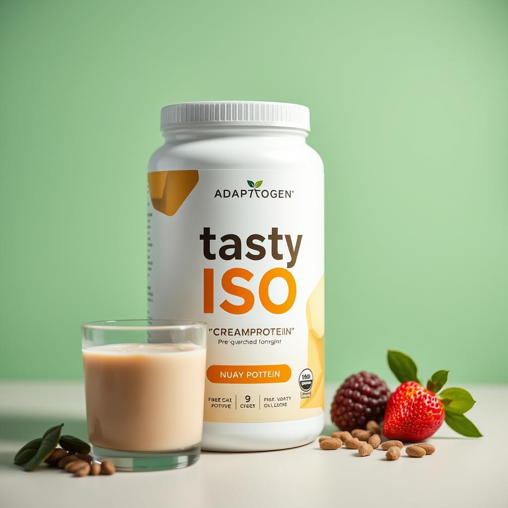 Pote de Adaptogen Tasty Iso com shake proteico cremoso ao lado entre os melhores whey proteins de 2025