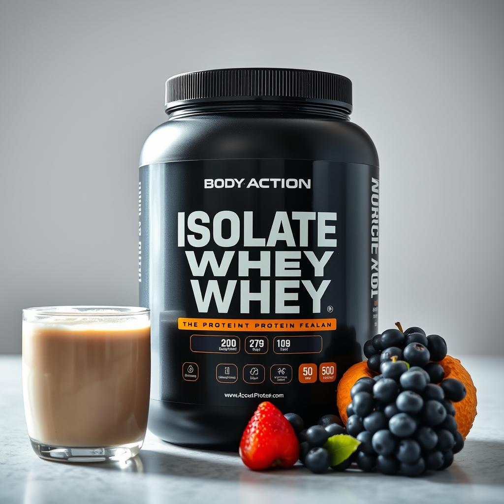 Pote de Body Action Isolate Prime Whey com shake proteico e frutas ao lado entre os melhores whey proteins de 2025