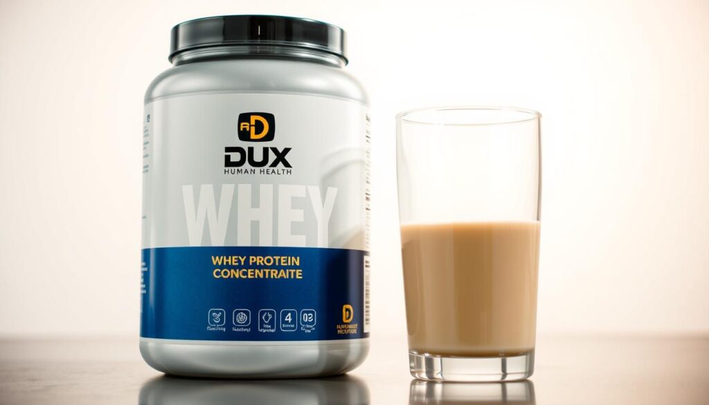 Pote de Dux Human Health Whey Protein Concentrado com shake proteico preparado ao lado entre os melhores whey proteins de 2025