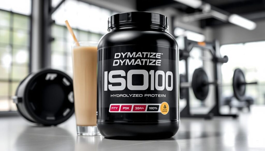 Pote de Dymatize ISO100 Hydrolyzed com shake proteico e equipamentos de treino ao fundo entre os melhores whey proteins de 2025