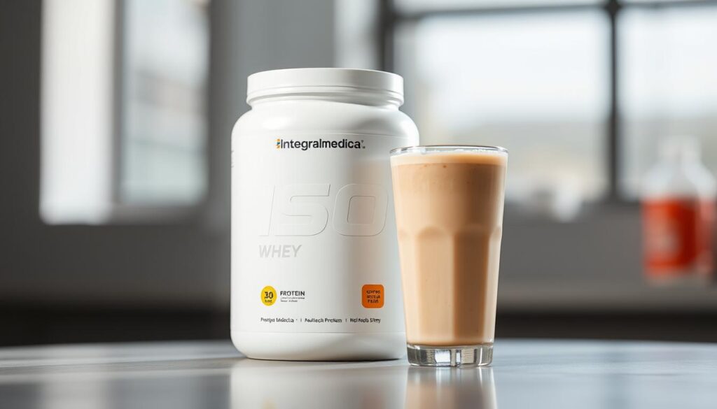 Pote de Integralmédica Iso Whey Protein com shake proteico em copo transparente entre os melhores whey proteins de 2025