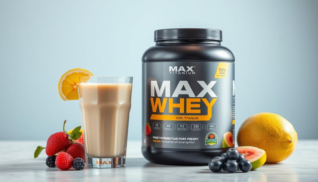 Pote de Max Titanium 100% Whey com shake proteico e frutas ao lado entre os melhores whey proteins de 2025