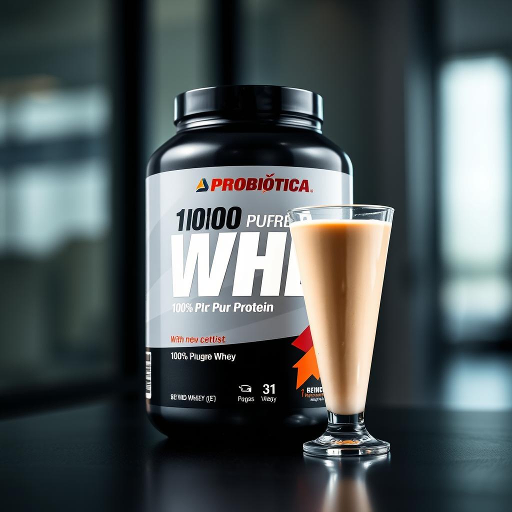 Pote de Probiótica 100% Pure Whey com shake proteico em copo entre os melhores whey proteins de 2025