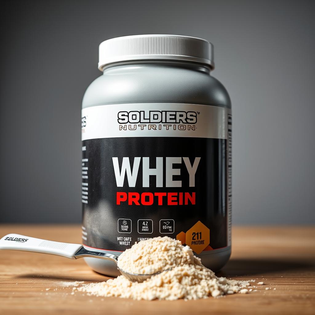 Pote de Soldiers Nutrition Whey Protein com scoop cheio de pó proteico entre os melhores whey proteins de 2025