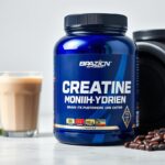 Pote de creatina monohidratada ao lado de um shake de proteína e equipamentos de musculação
