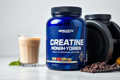 Pote de creatina monohidratada ao lado de um shake de proteína e equipamentos de musculação