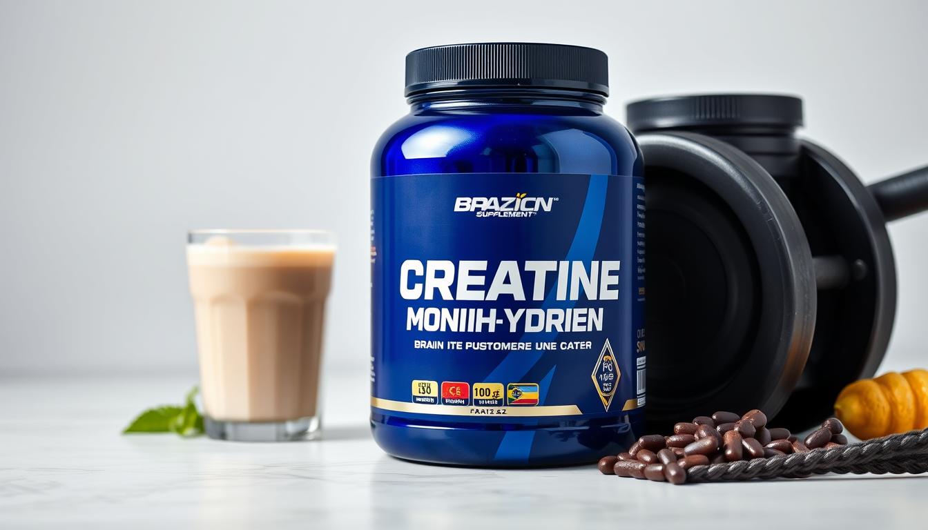Pote de creatina monohidratada ao lado de um shake de proteína e equipamentos de musculação