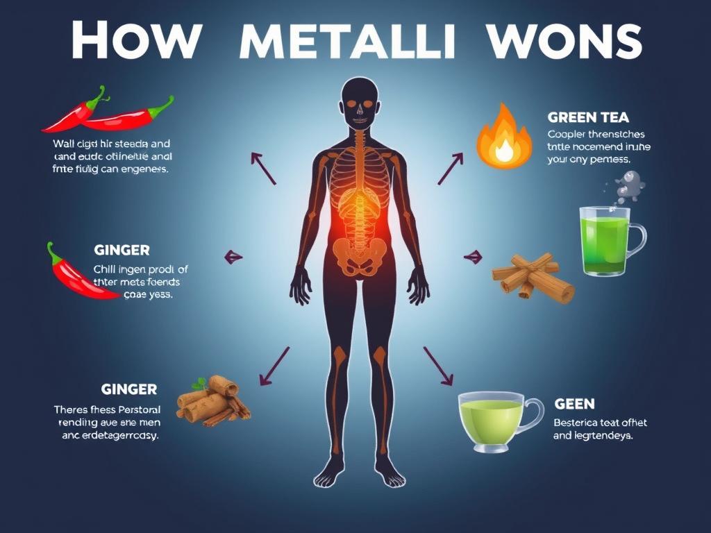 Processo de aceleração do metabolismo ilustrado com alimentos termogênicos
