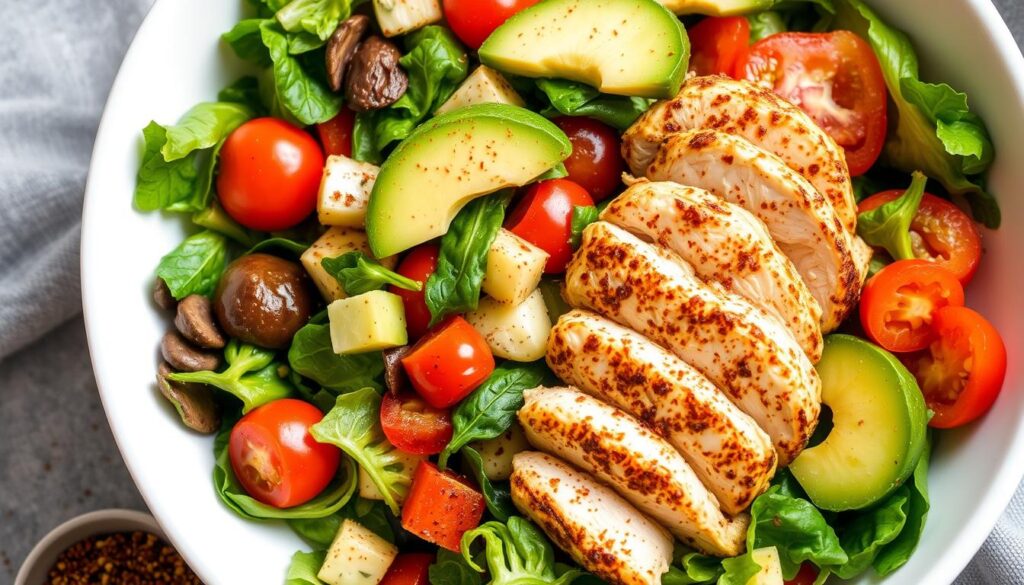 Salada colorida com frango grelhado e pimenta caiena para acelerar metabolismo