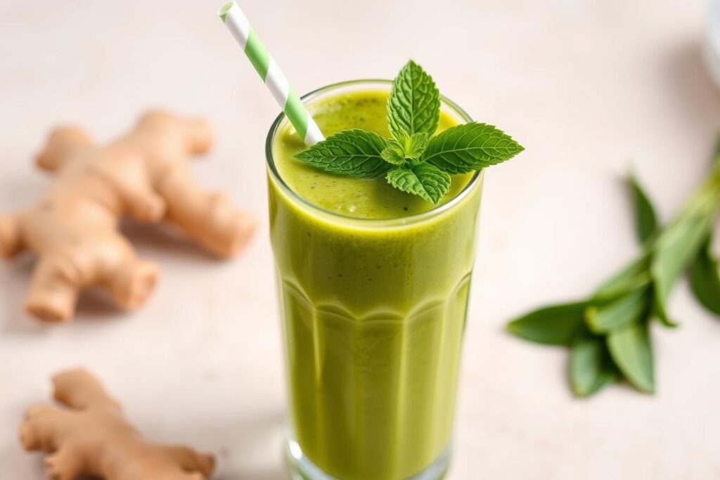 Smoothie verde em copo alto com folhas de hortelã para acelerar metabolismo
