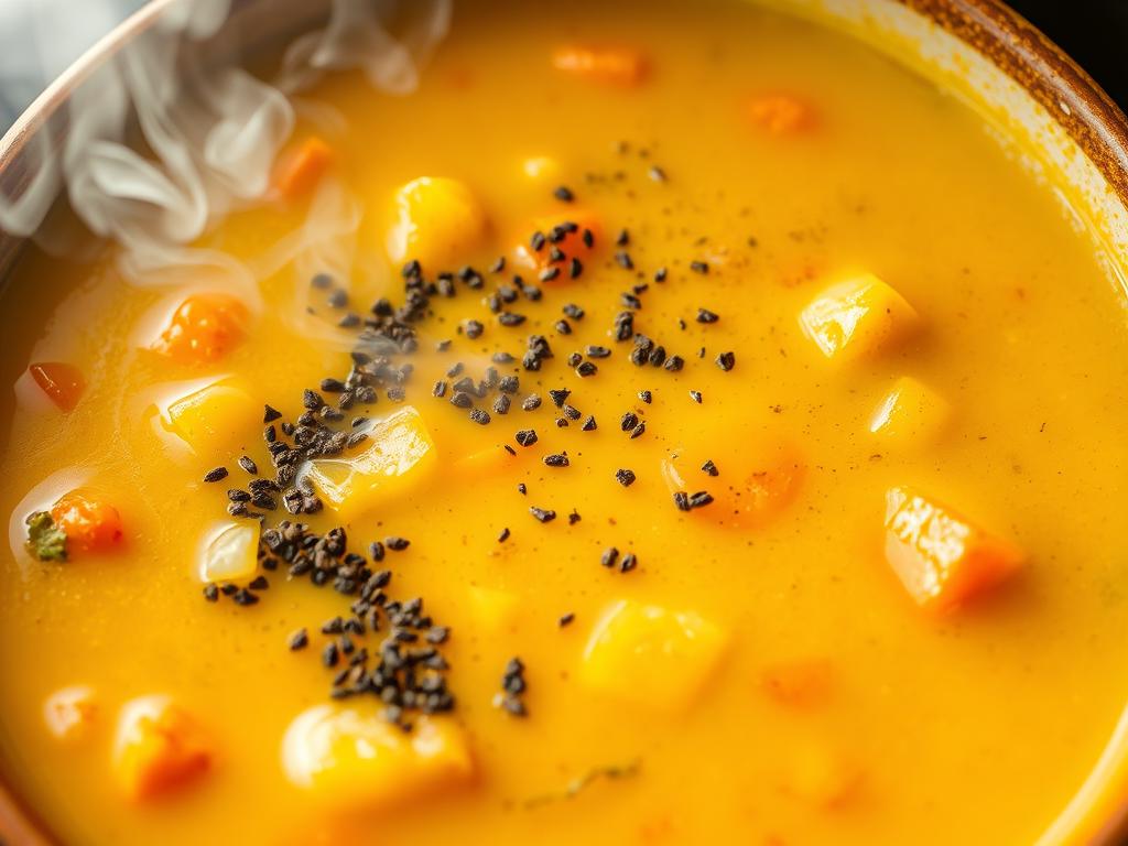 Sopa termogênica amarelada com legumes para acelerar metabolismo