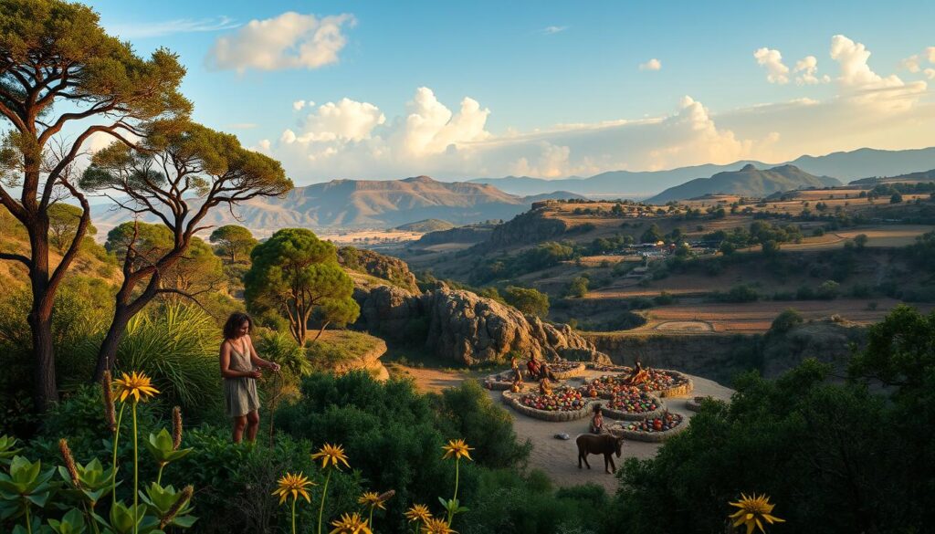 Stunning panoramic landscape depicting the evolution of the Paleolithic diet, showcasing the transition from primitive foraging to more diverse food sources. In the foreground, a lush primordial forest with towering ancient trees and vibrant flora, representing the early hunter-gatherer lifestyle. The middle ground features a rugged, rocky terrain where early humans are gathering and preparing a variety of wild edibles, including fruits, vegetables, and game. In the background, the landscape gradually transforms, revealing the emergence of primitive agriculture, with small fields and settlements, indicating the gradual shift towards a more diverse and sustainable Paleolithic diet. Warm, earthy tones, soft natural lighting, and a sense of timeless wonder permeate the scene, capturing the essence of our ancestors' dietary evolution.