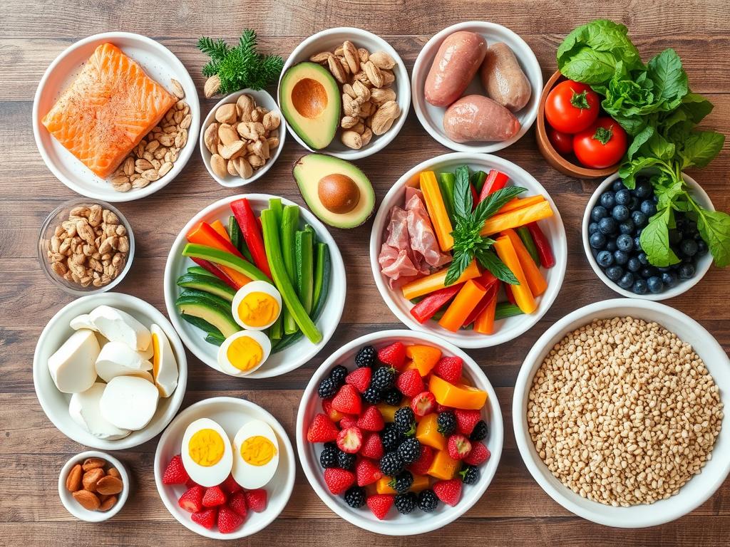 Variedade de alimentos ricos em ômega-3 e proteínas recomendados para crianças com TDAH