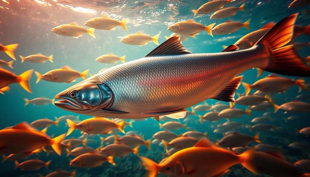Vibrant and nutritious omega-3 rich fish in a serene underwater scene. A majestic salmon swimming gracefully amidst a school of smaller fish, all bathed in warm, golden light filtering through the crystal clear waters. The fish appear plump and healthy, their scales shimmering with a healthy sheen. The composition is balanced, with the salmon taking center stage while the other fish provide a complementary backdrop. The overall mood is one of tranquility and abundance, evoking a sense of nourishment and well-being.