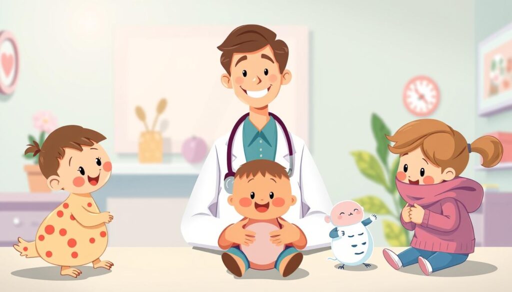 A whimsical and educational illustration depicting common childhood illnesses. In the foreground, playful depictions of chickenpox, measles, and common cold, rendered in a vibrant, approachable style. In the middle ground, a smiling pediatrician offering care and comfort. The background features a warm, nurturing environment with soothing pastel hues, hinting at the guidance and support available to families navigating these common health challenges. Soft, diffused lighting creates an inviting, reassuring mood, conveying the overall message of understanding and empowerment.