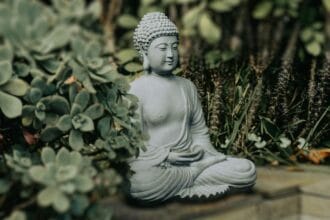 Estátua de Buda em posição meditativa clássica, representando visualmente "meditação o que é" através de sua postura serena em lótus com mãos em mudra. Cercada por suculentas e plantas em jardim zen, a escultura simboliza os fundamentos da meditação: concentração, paz interior e contemplação. Esta imagem ilustra perfeitamente o conceito de "meditação o que é", mostrando a essência milenar da prática budista de mindfulness e autoconhecimento.